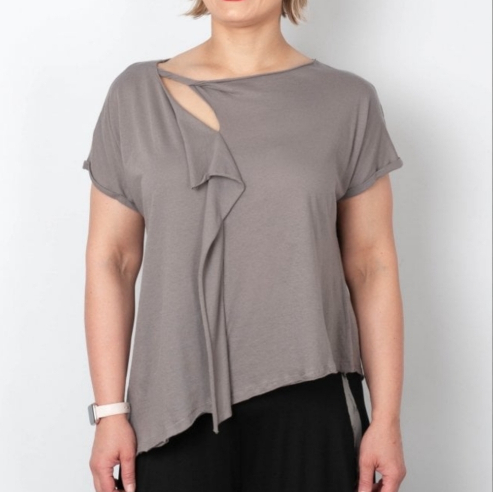 Ozai N Ku 10 Happily Stone Cotton Top Lagenlook Artsy Bohemian T-shirt Gray